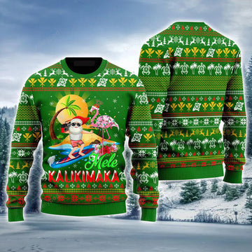 FUNSTUFFPRINT Santa Surf Ugly Sweater, Funny Flamingo Hawaii Santa Mele Kalikimaka Ugly Sweater For Men Ugly Sweater