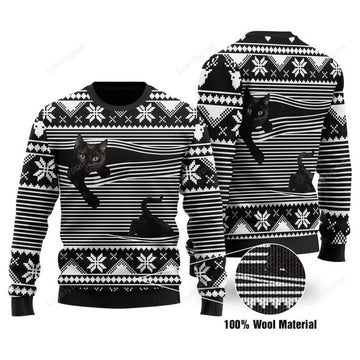 FUNSTUFFPRINT Cat Christmas Sweater Black Cat Christmas Pattern Black White 3D Ugly Sweater Ugly Sweater
