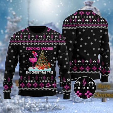 FUNSTUFFPRINT Flamingo Flocking Around The Christmas Tree Ugly Sweater, Guitar Christmas shirts, Christmas gift Ugly Sweater