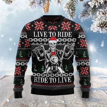 FUNSTUFFPRINT Live To Ride Motorbike Skeleton Ugly Sweater, Christmas sweatshirt, Christmas gift Ugly Sweater