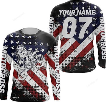 FUNSTUFFPRINT Custom Dirt Bike Off-Road Motorcycle Shirt, Adult & Kid American Flag Jersey Motocross 3D Long Sleeve T-Shirt