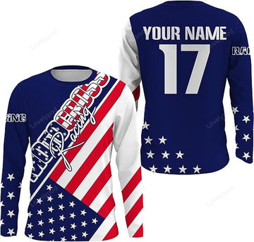 FUNSTUFFPRINT Custom Motocross Personalized MX Jersey Dirt Bike Racing American Flag Youth Men Women Off-Road Motorcycle Shirt 3D Long Sleeve T-Shirt