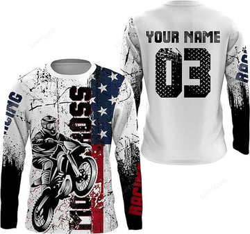 FUNSTUFFPRINT Custom Patriotic Personalized Motocross Jersey American MX Racing Shirt Dirt Bike Off-Road 3D Long Sleeve T-Shirt