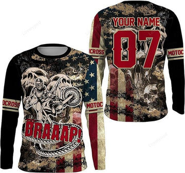FUNSTUFFPRINT Custom Skull Racing Jersey Dirt Bike Long Sleeves Brap Motocross Racewear 3D Long Sleeve T-Shirt