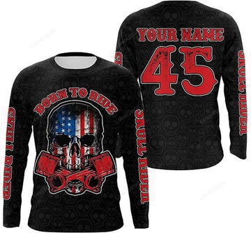 FUNSTUFFPRINT Custom Skull Rider Motorcyle Jersey Born to Ride Patriotic Bikers American Flag 3D Long Sleeve T-Shirt
