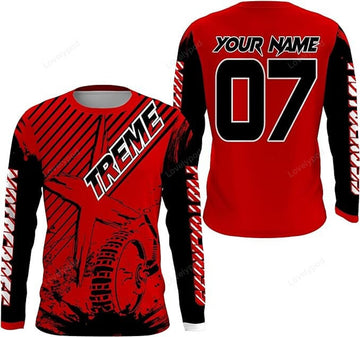FUNSTUFFPRINT Custom Red MX Jersey UV Protective Xtreme Kid Adult Motocross Dirt Bike Racing Motorcycle Shirt 3D Long Sleeve T-Shirt