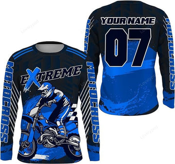 FUNSTUFFPRINT Custom Blue Motocross Jersey, Xtreme Racing Cross Off-Road Motorcycle 3D Long Sleeve T-Shirt