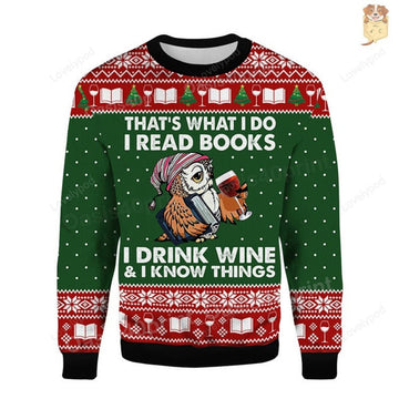 FUNSTUFFPRINT Funny Owl That's What I Do I Read Books Ugly Sweater Book Lovers Ugly Sweater Owl Lovers Ugly Sweater Christmas Drink Wine Love Sweatshirt Ugly Sweater