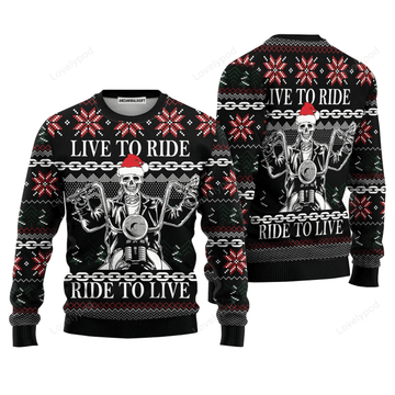 FUNSTUFFPRINT Live To Ride Motorbike Skeleton Sweater, Ugly Sweater For Men & Women Ugly Sweater