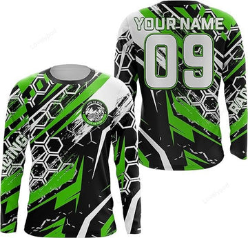 FUNSTUFFPRINT Custom Dirt Bike Jersey Men Women, Green Motocross Off-Road Long Sleeve MX Racing Shirt 3D Long Sleeve T-Shirt