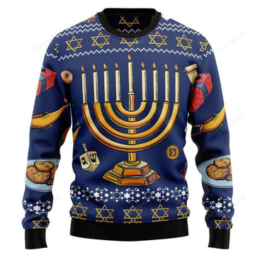 FUNSTUFFPRINT Jewish Hanukkah D0210 Ugly Christmas Sweater - Christmas Signature Ugly Sweater
