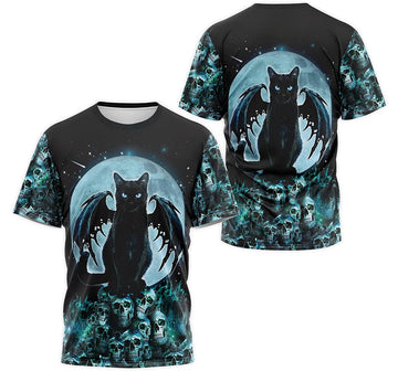 FUNSTUFFPRINT Personalized T-Shirt, Hoodie - Bat Winged Cat Moon Night Skull Pattern 3D T-shirt