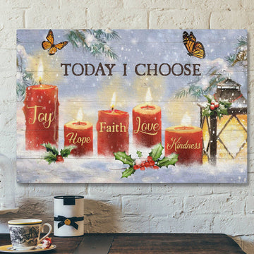 God Jesus Landscape Canvas Prints - God Wall Art - Jesus - Winter Candle Scene - Today I Choose Joy, Hope, Faith, Love, Kindness