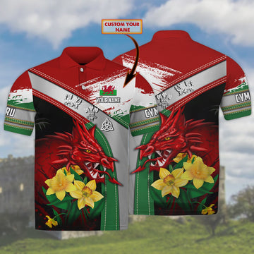 FUNSTUFFPRINT Wales - Cymru - Personalized Name 3D Polo Shirt