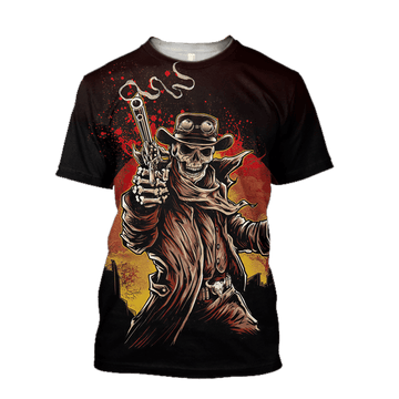 FUNSTUFFPRINT Cowboy Skeleton 3D T-Shirt Halloween Cowboy Gifts 3D T-shirt