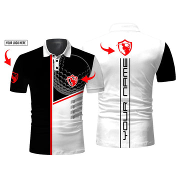 Custom Golf Men Polo Shirt, Golf Club Custom Name And Logo Black & White All-Over Print - Personalized Sports Gifts For Men, Husband, Boyfriend, Golf Lover