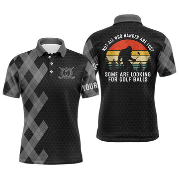 Custom Bigfoot Golf Men Polo Shirt, Custom Name Not All Who Wander Are Lost Some Are Looking For Folf Balls Apparel - Personalized Sports Gift For Golf Lover