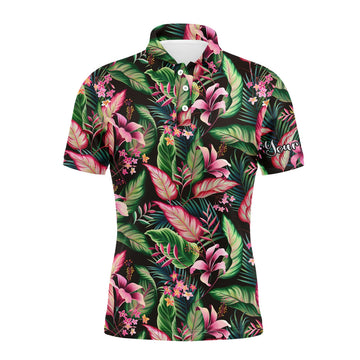 Custom Golf Men Polo Shirt, Custom Name Floral Pattern With Tropical Leaves Apparel - Personalized Sports Gift For Golf Lover, Male, Husband, Boyfriend, Team