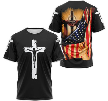 FUNSTUFFPRINT Personalized T-Shirt, Hoodie - Christian Jesus Cross American Flag 3D T-shirt
