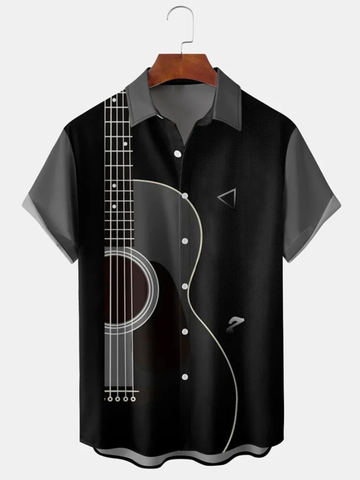Men's Music Guitar Print Loose Casual hawaiian Shirt, Guitar lover gifts