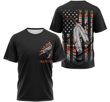 FUNSTUFFPRINT Personalized T-Shirt, Hoodie - Native American Feathers Us Flag Headdress Warbonnet 3D T-shirt