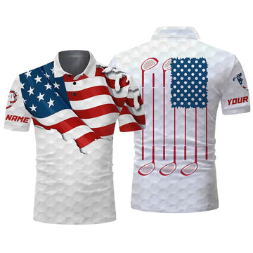 Custom Golf Men Polo Shirt, Custom Name Golf Club White American Flag Apparel - Personalized Sports Gift For Golf Lover, Male, Husband, Patriotic