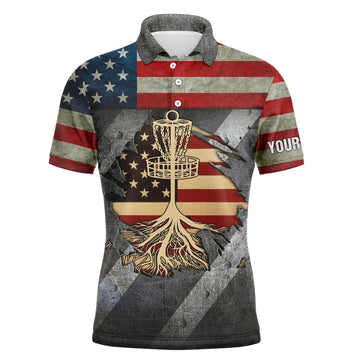 Custom Disc Golf Men Polo Shirt - Custom Name American Flag Disc Golf Basket Apparel - Personalized Sports Gift For Golf Lover, Male, Husband, Boyfriend