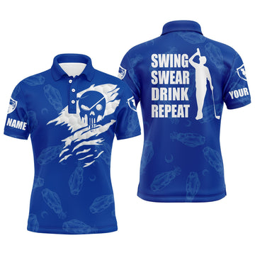 Custom Golf Men Polo Shirts, Swing Swear Drink Repeat, Custom Name Golf Clubs Pattern Blue Apparel - Personalized Gift For Men, Husband, Boyfriend, Lovers