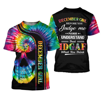 FUNSTUFFPRINT Personalized December Girl Skull Tie Dye December Birthday Her - 3D Printed T-shirt