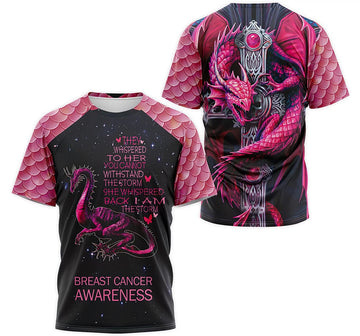 FUNSTUFFPRINT Personalized T-Shirt, Hoodie - Dragon Sword Breast Cancer Awaraness They Whispered To Her You Cannot Withstand The Storm 3D T-shirt