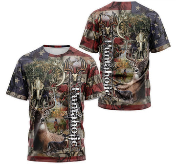 FUNSTUFFPRINT Personalized T-Shirt, Hoodie - Deer Hunting Huntaholic Us Flag 3D T-shirt