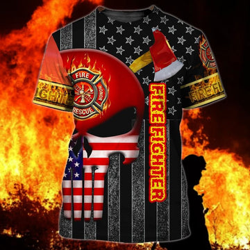 FUNSTUFFPRINT Skull Red American Flag Pattern Firefighter All Over Print 3D T-shirt
