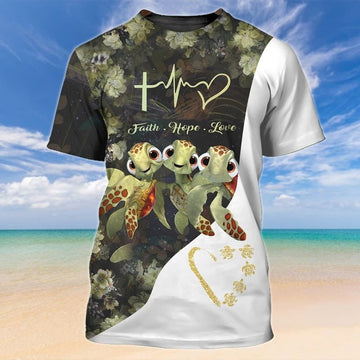 FUNSTUFFPRINT Turtles Faith Hope Love 3D T-Shirt, Turtle Shirt, Sea Turtle T-Shirt, Gift For Turtle Lovers 3D T-shirt