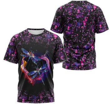 FUNSTUFFPRINT Personalized T-Shirt, Hoodie - Dragonfly Heart Purple Tropical Floral 3D T-shirt