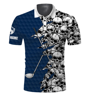 Custom Golf Men Polo Shirts, Blue Pattern Skull golf Clubs Custom Name Golf Performance Apparel - Personalized Gift For Men, Husband, Boyfriend, Lovers