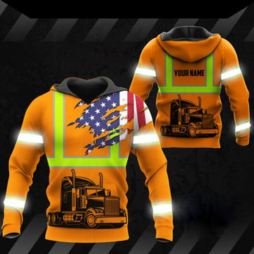 FUNSTUFFPRINT Personalized Trucker 3D Hoodie For Men And Women American Flag Orange 3D Hoodie and Zip Hoodie