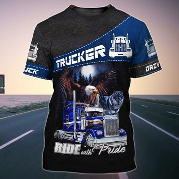 FUNSTUFFPRINT 3D Unisex Trucker Shirts Ride With Pride Labour Day Gift For Trucker Dad Husband 3D T-shirt