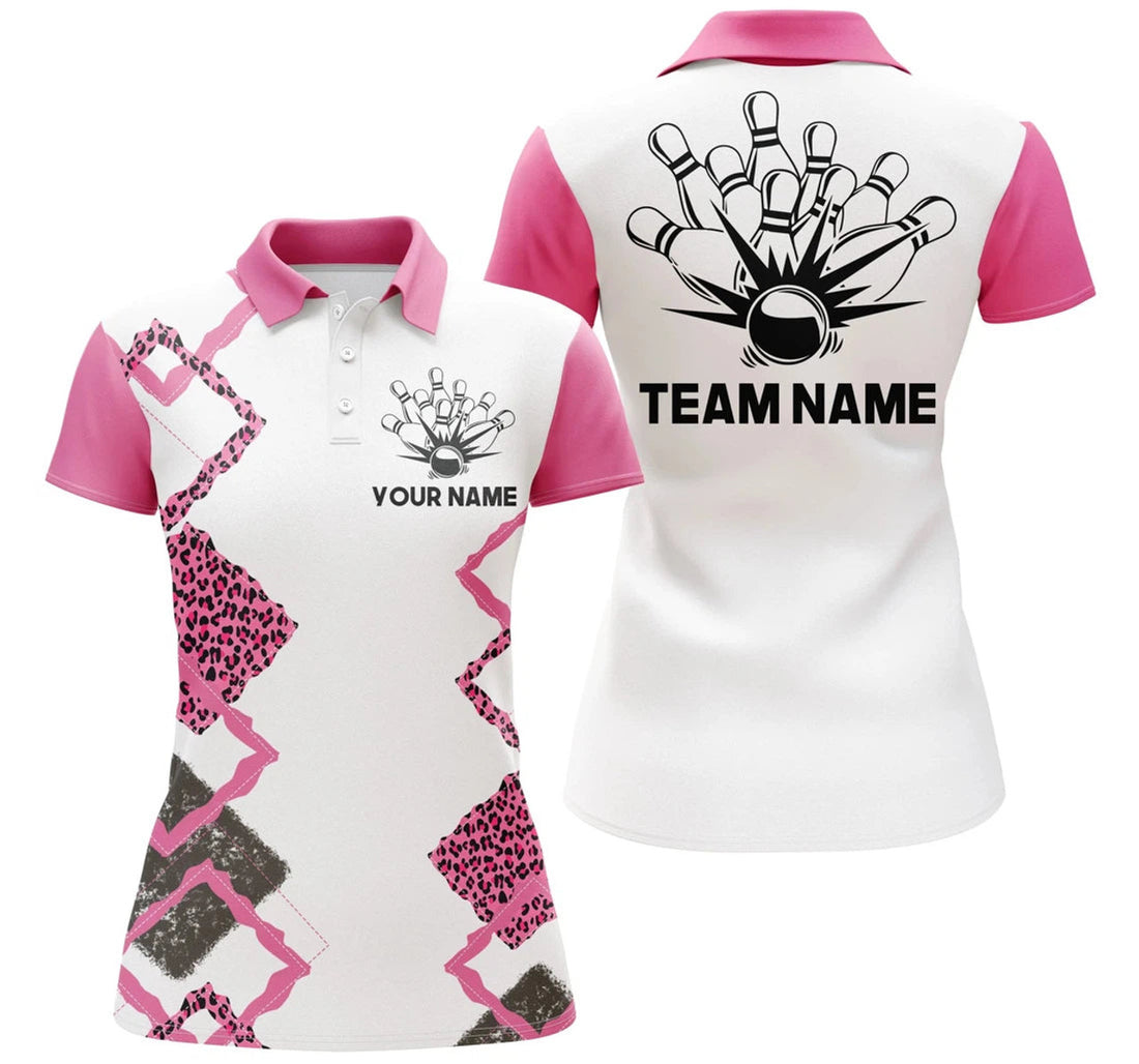 Custom Bowling Custom Name Custom Team Women Polo Shirt, Pink Leopard Girl Personalized - Gift Sport For Mother's Day, Women, Team Bowlers