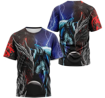 FUNSTUFFPRINT Personalized T-Shirt, Hoodie - Thunder Blue Wolf Fire Dragon 3D T-shirt