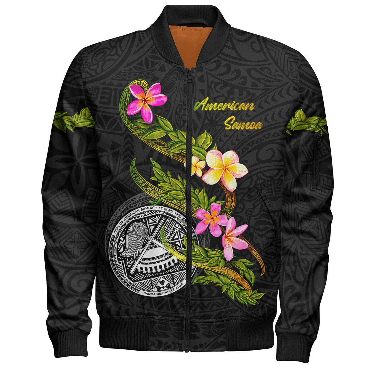 FUNSTUFFPRINT American Samoa Bomber Jacket Custom Plumeria Tribal 3D Bomber Jacket
