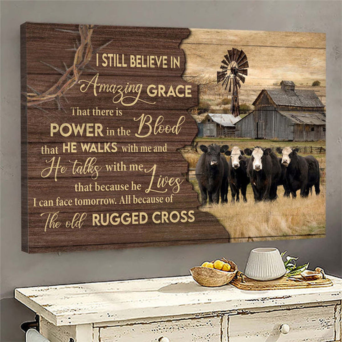 Aberdeen Angus Tranquil Farm Jesus The Old Rugged Cross Canvas Wall Art - Christian Poster - Religious Wall Decor