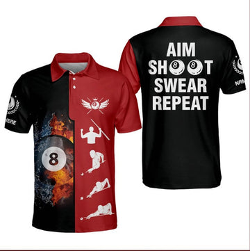 Custom Aim Shoot Swear Repeat Billiard Polo Shirts for Men, Custom name ball shirt, Billiard 3D Apparel