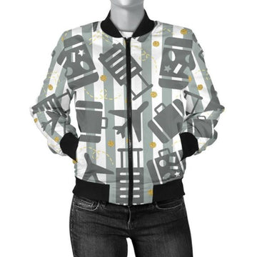 FUNSTUFFPRINT Airplane Luggage Pattern Print Women Casual 3D Bomber Jacket