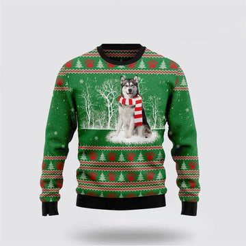FUNSTUFFPRINT Alaskan Malamute Winter Tree Ugly Christmas Sweater For Men And Women, Gift For Christmas, Best Winter Christmas Outfit Ugly Sweater