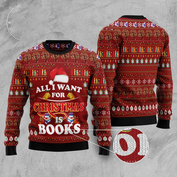 FUNSTUFFPRINT All I Want For Christmas Is Books Ugly Christmas Sweater, Christmas Sweater, Ugly Sweater, Funny Xmas Sweaters Ugly Sweater