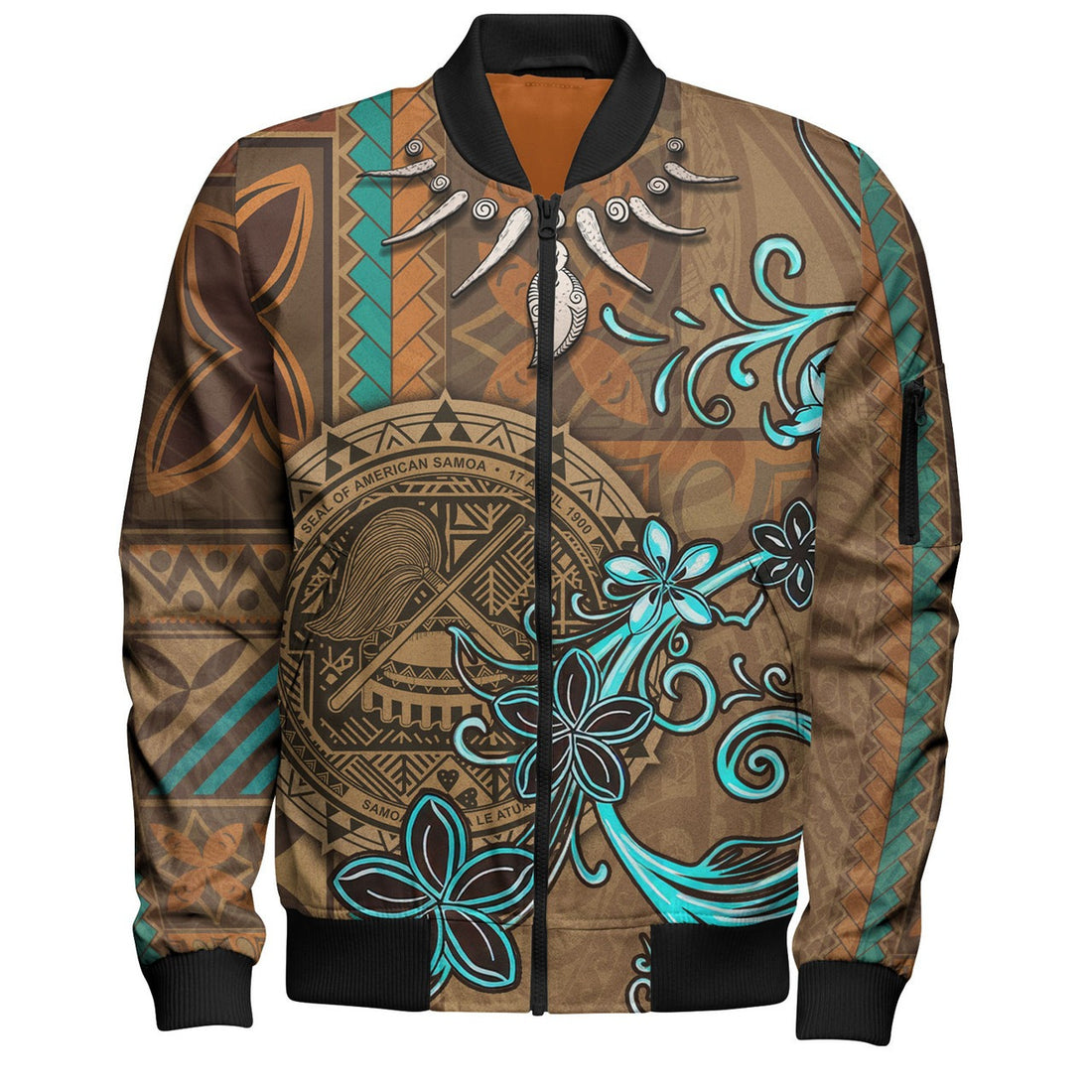 FUNSTUFFPRINT American Samoa Bomber Jacket Polynesian Pattern Motif And Teal Boar Tusk 3D Bomber Jacket
