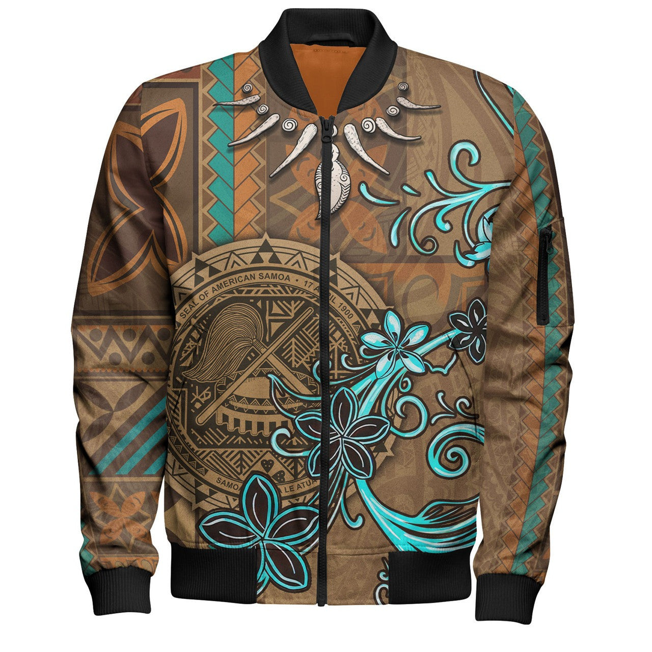 FUNSTUFFPRINT American Samoa Bomber Jacket Polynesian Pattern Motif And Teal Boar Tusk 3D Bomber Jacket