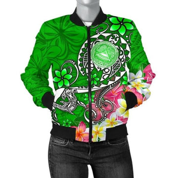 FUNSTUFFPRINT American Samoa Polynesian Women's Bomber Jacket - Turtle Plumeria (Green) - 3D Bomber Jacket