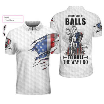 Custom Personalized American Flag Golfing Skeleton Golf Men Polo Shirt, It Takes A Lot Of Balls To Golf The Way I Do Shirt, Custom Polo Shirt For Men
