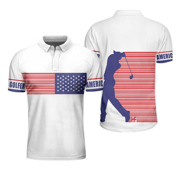 American Golfer Golfing Polo Shirt, Strips Barcode American Flag Polo Shirt, Patriotic Golf Shirt For Men